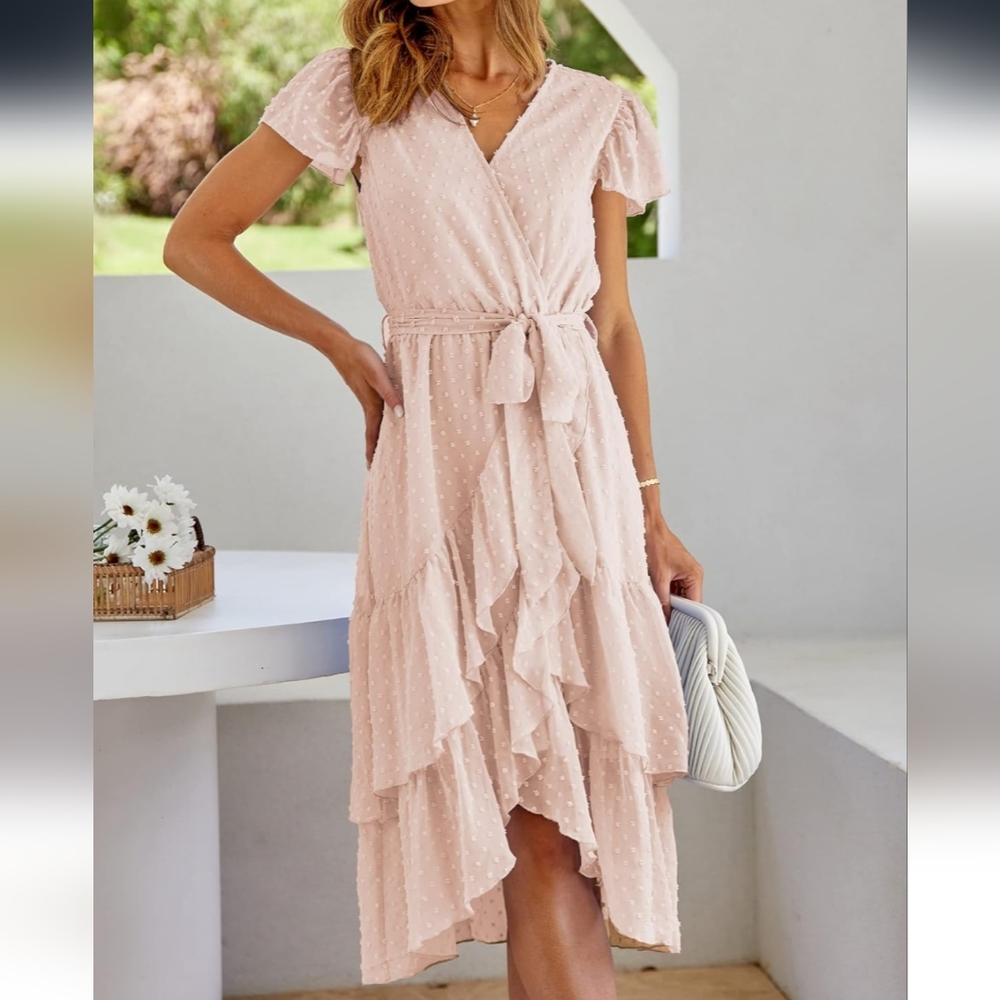 Pink Ruffled Wrap High Low Dress
